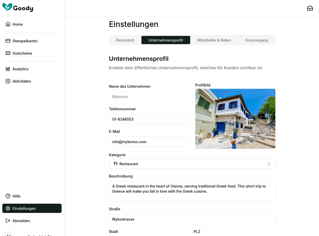 Unternehmensprofil Screenshot aus Goody Dashboard
