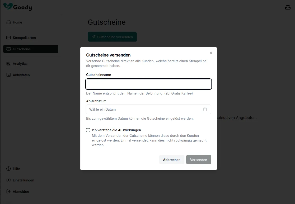 Gutscheinverwaltung Screenshot aus Goody Dashboard