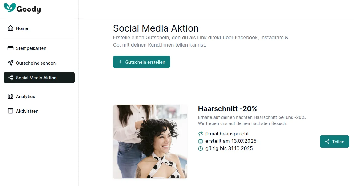 Social Media Gutschein Teilen – Screenshot Goody Dashboard